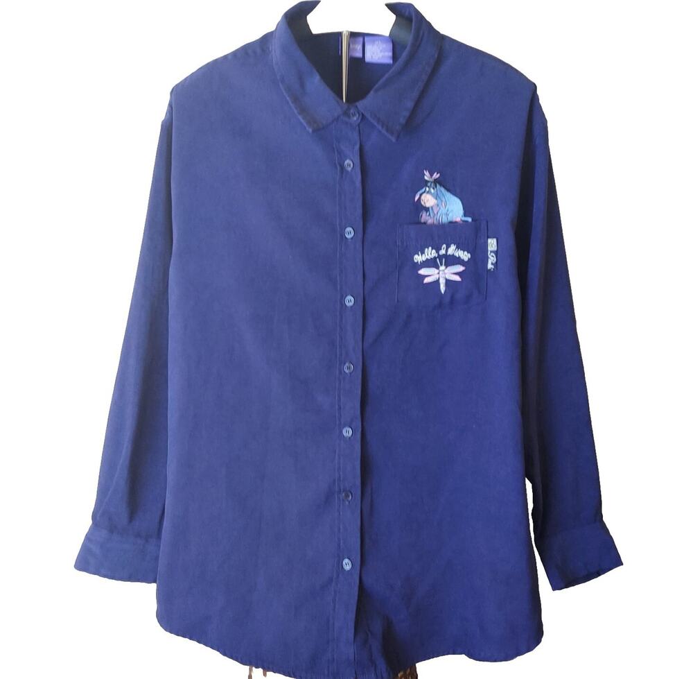 Disney XL Woman's Shirt Eeyore Blue Button Down Embroidered Winnie The Pooh